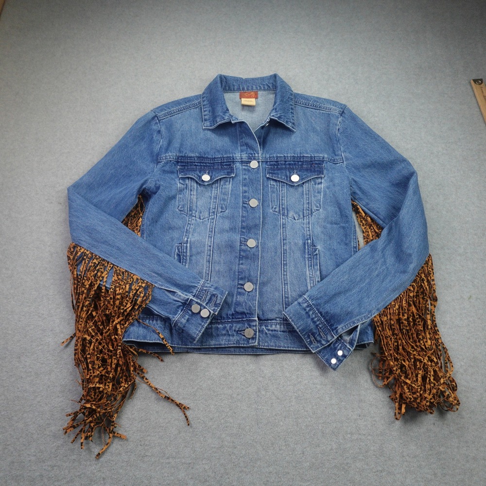 Scully Jacket Womens Small Blue Leopard Fringe Western Boho Denim